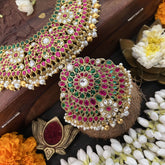 Vriksham Floral Style Pendant Peacock Kundan Jadau Short Neckpiece-Gold Bead-J3383